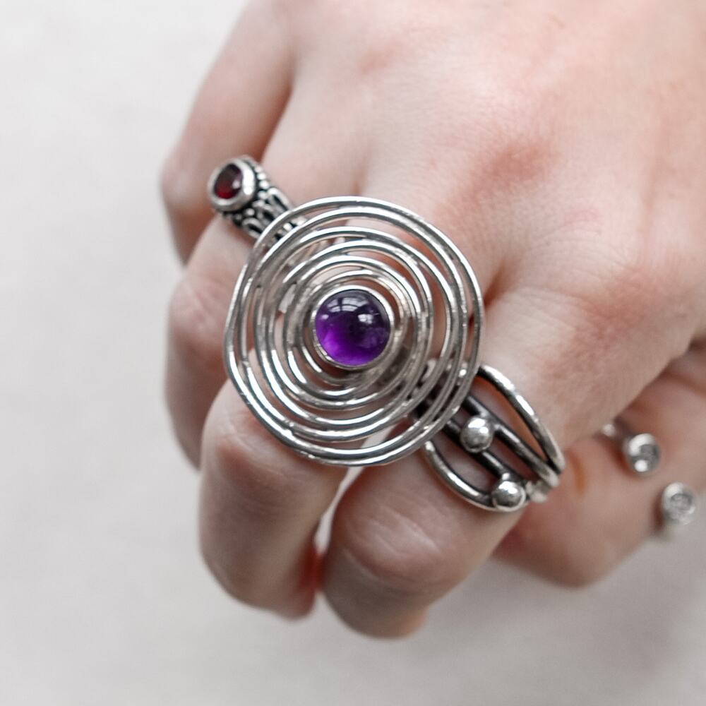 SG Silver Amethyst Spiral Cocktail Ring Sterling Vintage Boho Size 7 Plus